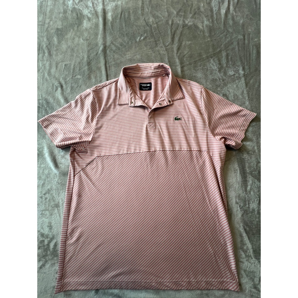 Lacoste Sport Polo Shirt Mens XL Pink Striped Short Sleeve